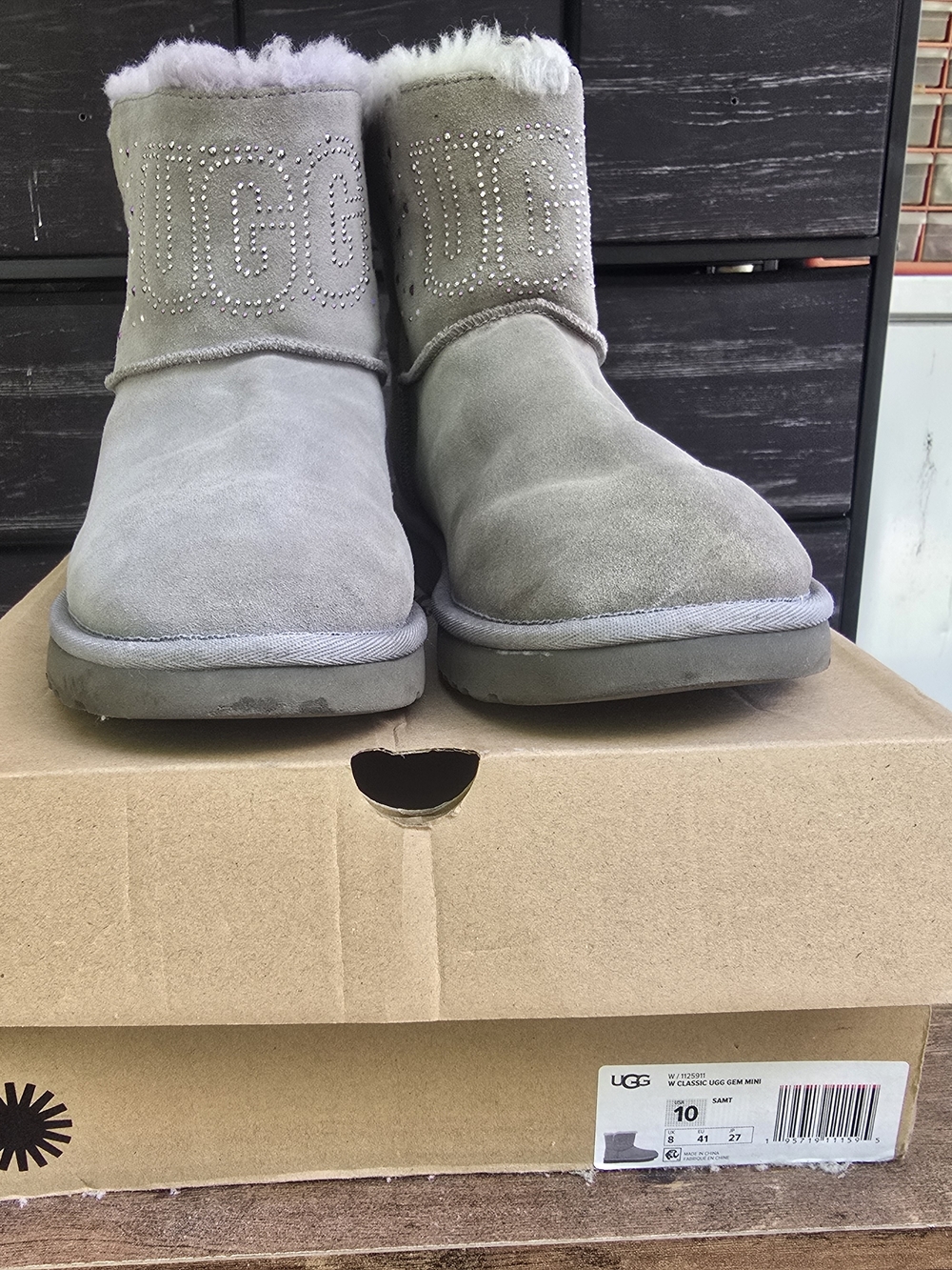 UGG Short Shearling Boot with Rhinestone Logo in Light Gray